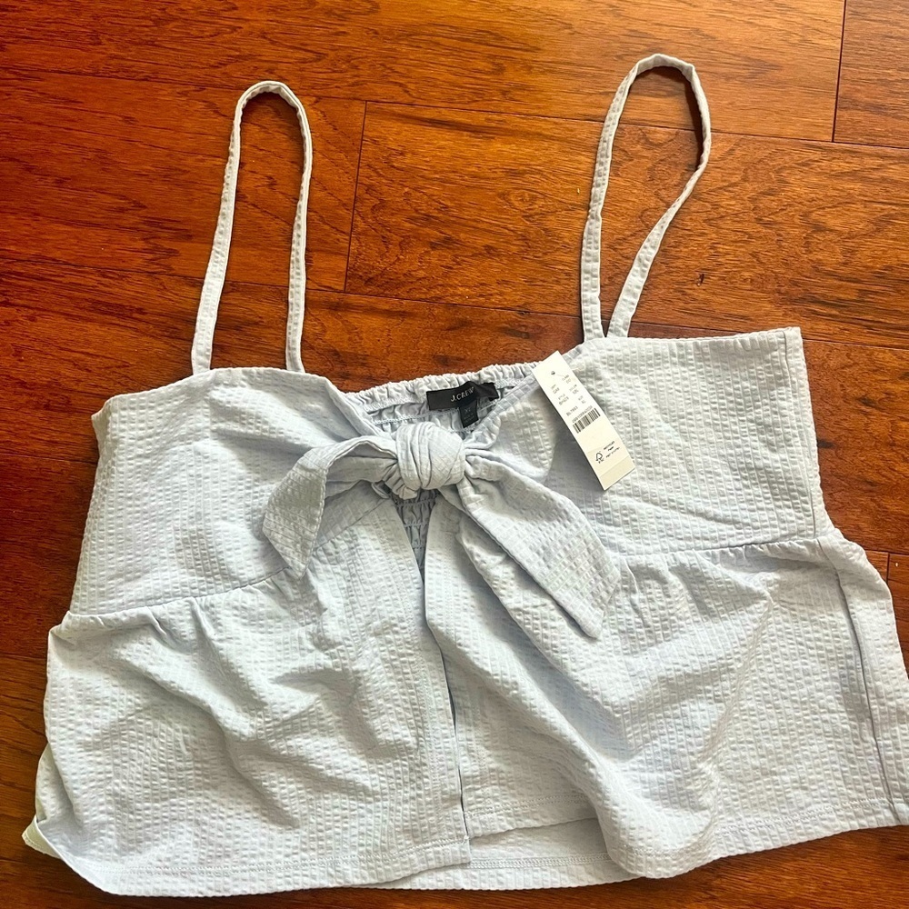 J Crew Women's Seersucker Tie Front Tank Top Serene Blue